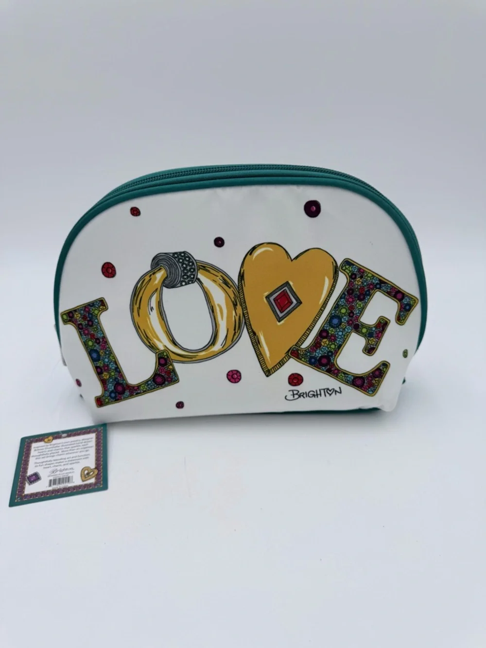 Brighton Charmed Love Cosmetic Bag Set 2pc NWT White Teal Jewelry Print Pouches